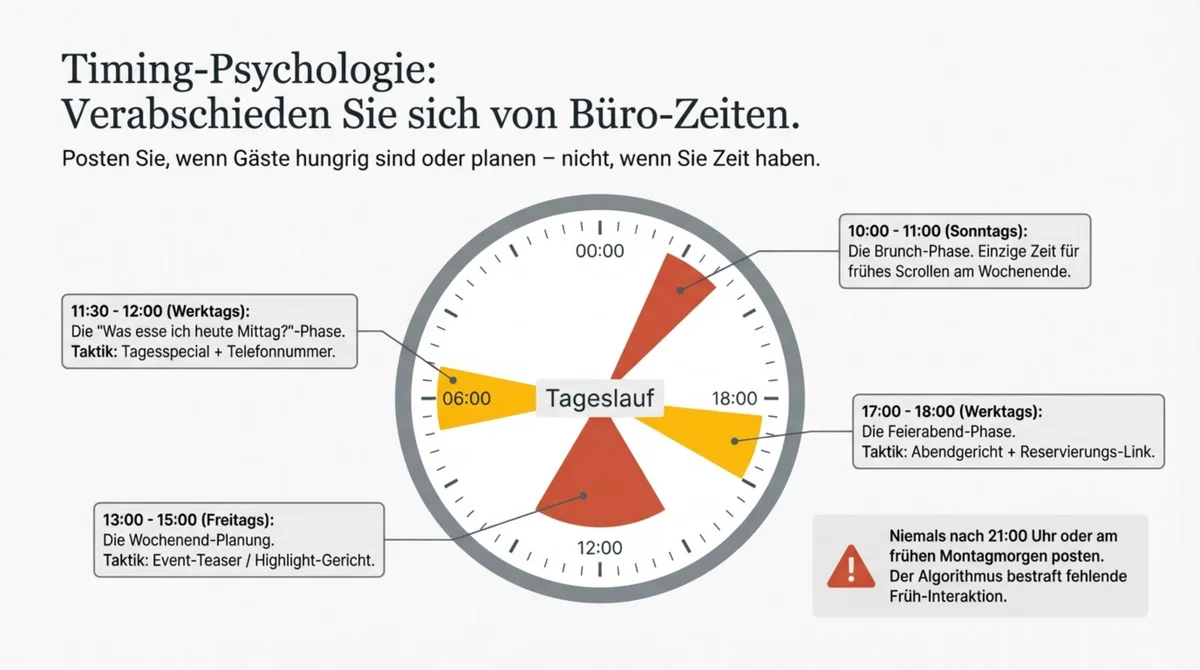 Optimale Posting-Zeiten für Restaurants: 11:30-12:00, 17:00-18:00, Freitag 13:00-15:00 Uhr