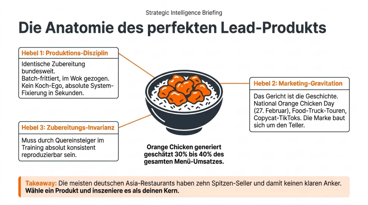 Die Anatomie des perfekten Lead-Produkts: Orange Chicken Produktionsdisziplin, Marketing-Gravitation und Zubereitungs-Invarianz für Gastronomen