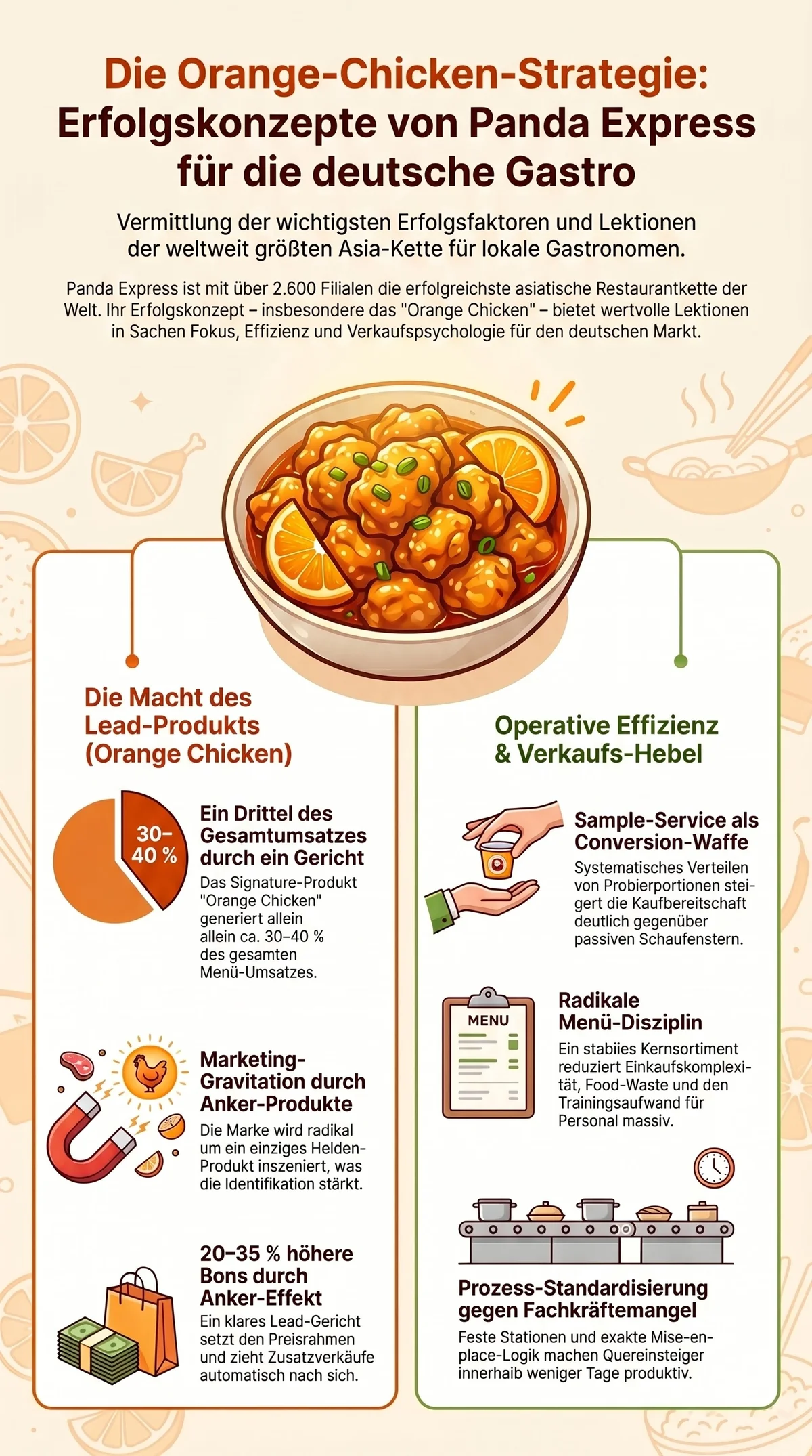 Infografik: Die Orange-Chicken-Strategie – Erfolgskonzepte von Panda Express für die deutsche Gastronomie mit Lead-Produkt und operativer Effizienz