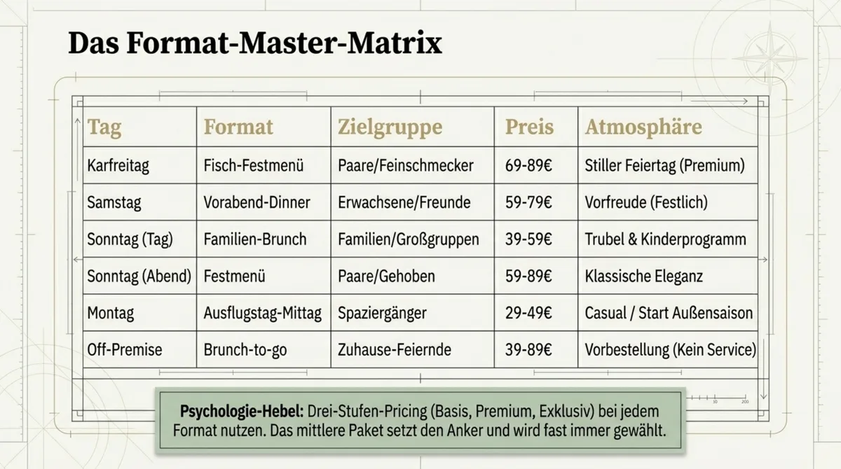 Ostern Restaurant Format-Matrix: 6 Formate für 4 Tage mit Zielgruppe und Preisrahmen