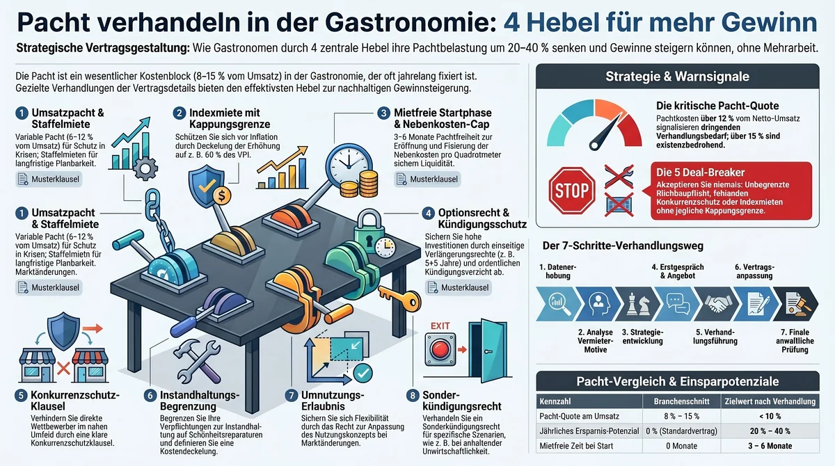 Pacht verhandeln Gastronomie – 4 Hebel strategisches Playbook Infografik