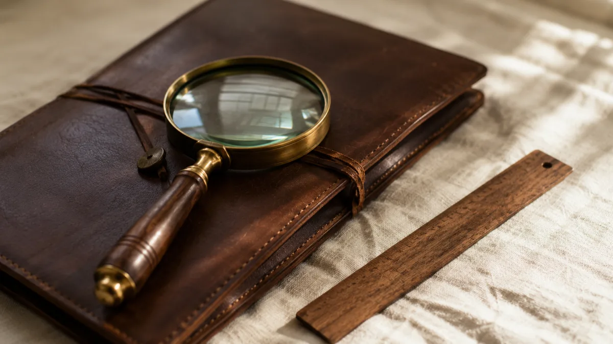 Messing-Lupe auf verschlossener Lederakte als Symbol für die Kernaussagen zu Pachtvertrag-Fallstricken