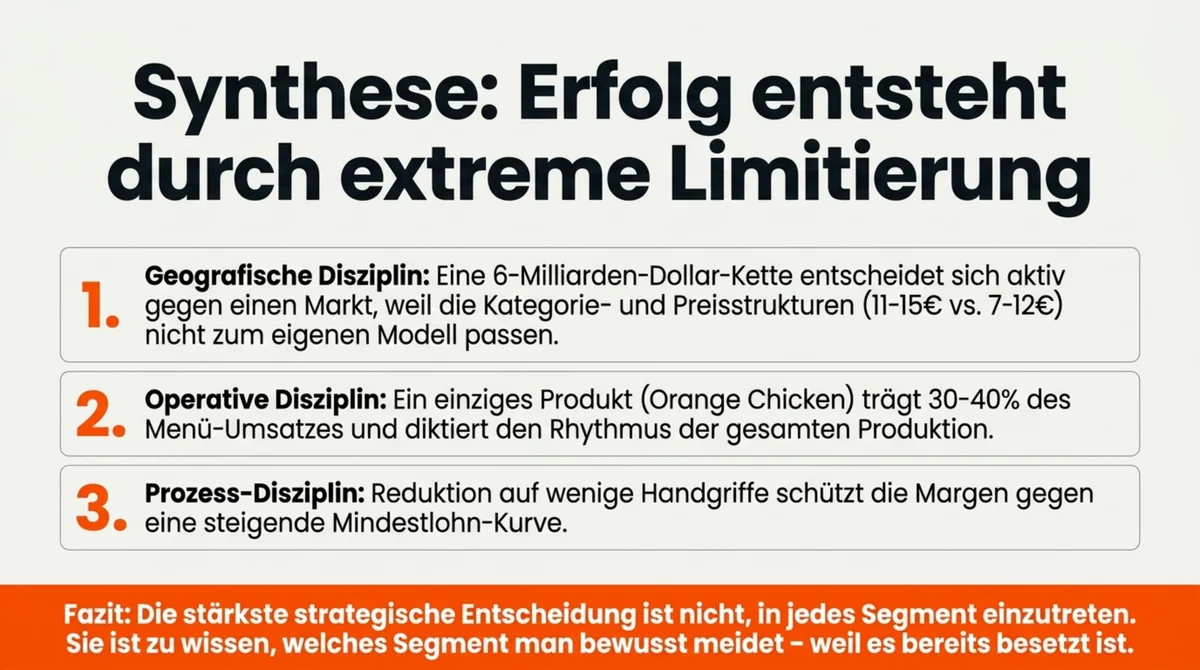 Synthese: Erfolg entsteht durch extreme Limitierung – geografische Disziplin, Lead-Produkt-Fokus und Prozess-Reduktion als drei Prinzipien
