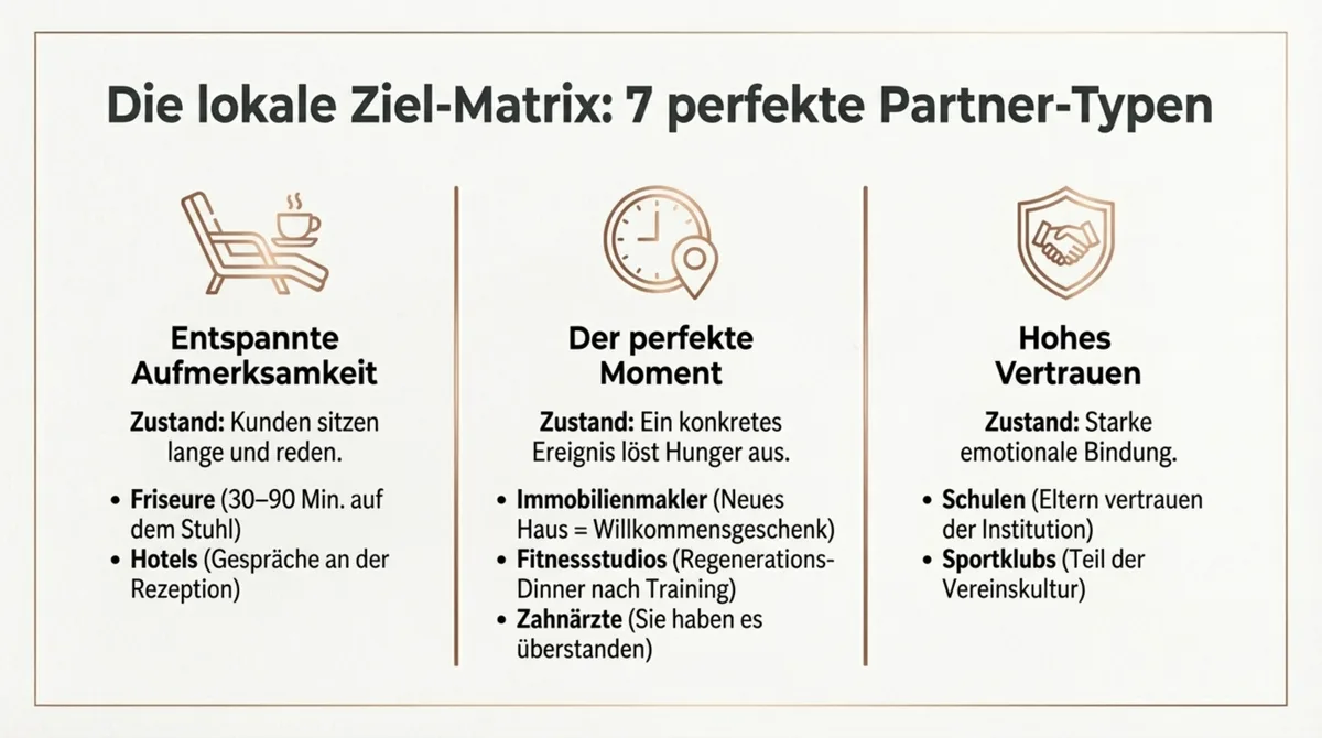 7 perfekte Partner-Typen für Restaurants: Zielmatrix mit Friseuren, Hotels, Schulen und Sportvereinen