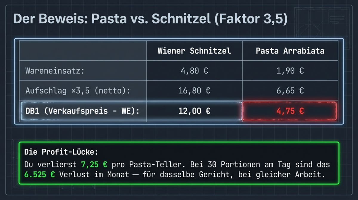Pasta vs Schnitzel mit Faktor 3,5: Wiener Schnitzel DB1 12 Euro, Pasta Arrabiata DB1 nur 4,75 Euro — 7,25 Euro Profit-Lücke pro Teller