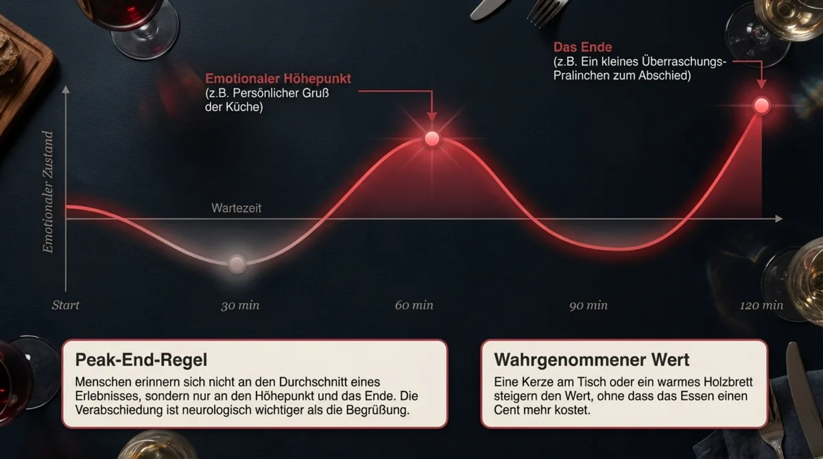 Peak-End-Regel Restaurant Psychologie: Emotionaler Verlauf eines Restaurantbesuchs mit emotionalem Hoehepunkt und Ende