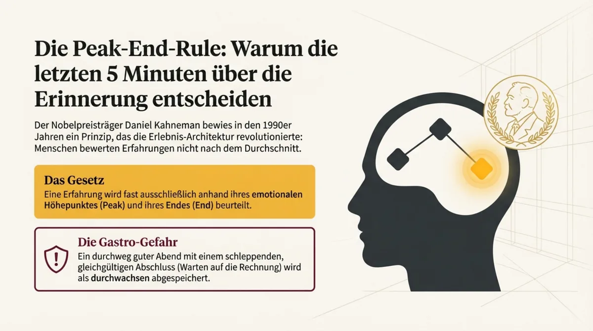 Peak-End-Rule nach Kahneman: Restaurant-Erinnerung entsteht durch Höhepunkt und Ende, nicht durch den Durchschnitt des Abends