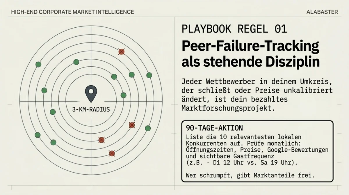 Peer-Failure-Tracking als stehende Disziplin: 10 relevante Wettbewerber im 3-km-Radius monatlich auf Öffnungszeiten, Preise, Google-Bewertungen und Gastfrequenz prüfen