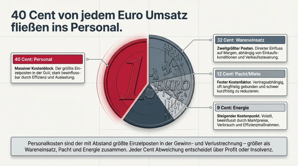 Personalkosten Gastronomie: 40 Cent von jedem Euro Umsatz gehen ans Personal – mehr als Wareneinsatz, Pacht und Energie zusammen