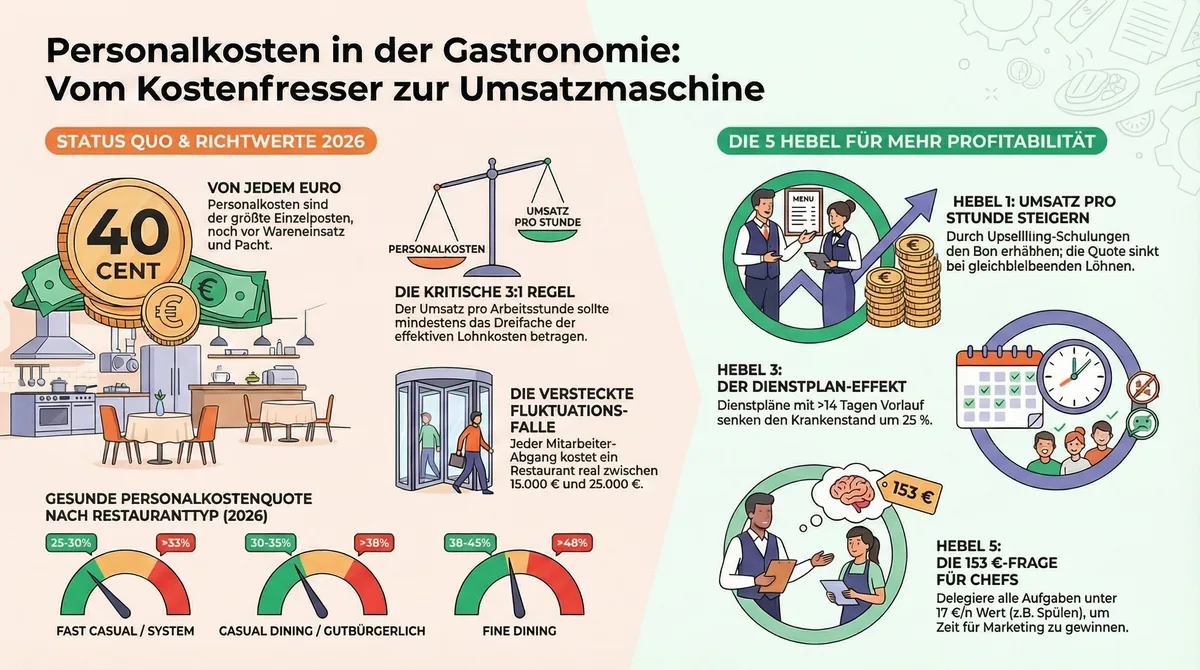 Infografik Personalkosten Gastronomie: Richtwerte, 5 Hebel, 3:1-Regel und Benchmark nach Restauranttyp im Überblick