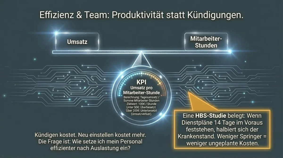 Personalkosten optimieren: Umsatz pro Mitarbeiterstunde als KPI – Zielwert 100 Euro, unter 50 überbesetzt, über 200 unterbesetzt
