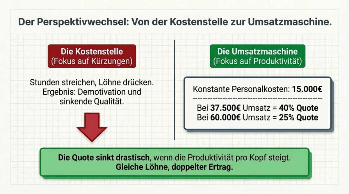 Personalkosten Quote senken Gastronomie: Konstante Lohnkosten plus steigender Umsatz ergibt sinkende Quote von 40 auf 25 Prozent