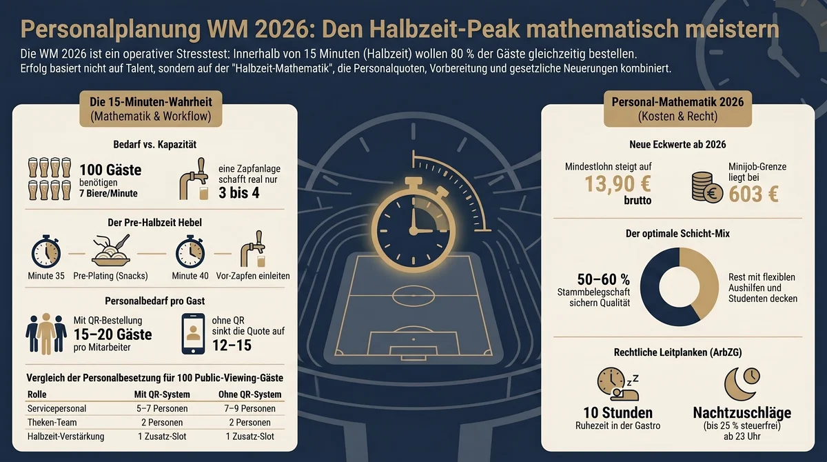 Personalplanung WM 2026 Infografik: 15-Minuten-Wahrheit, Personalbedarf pro Gast, Schicht-Mix und ArbZG im Überblick