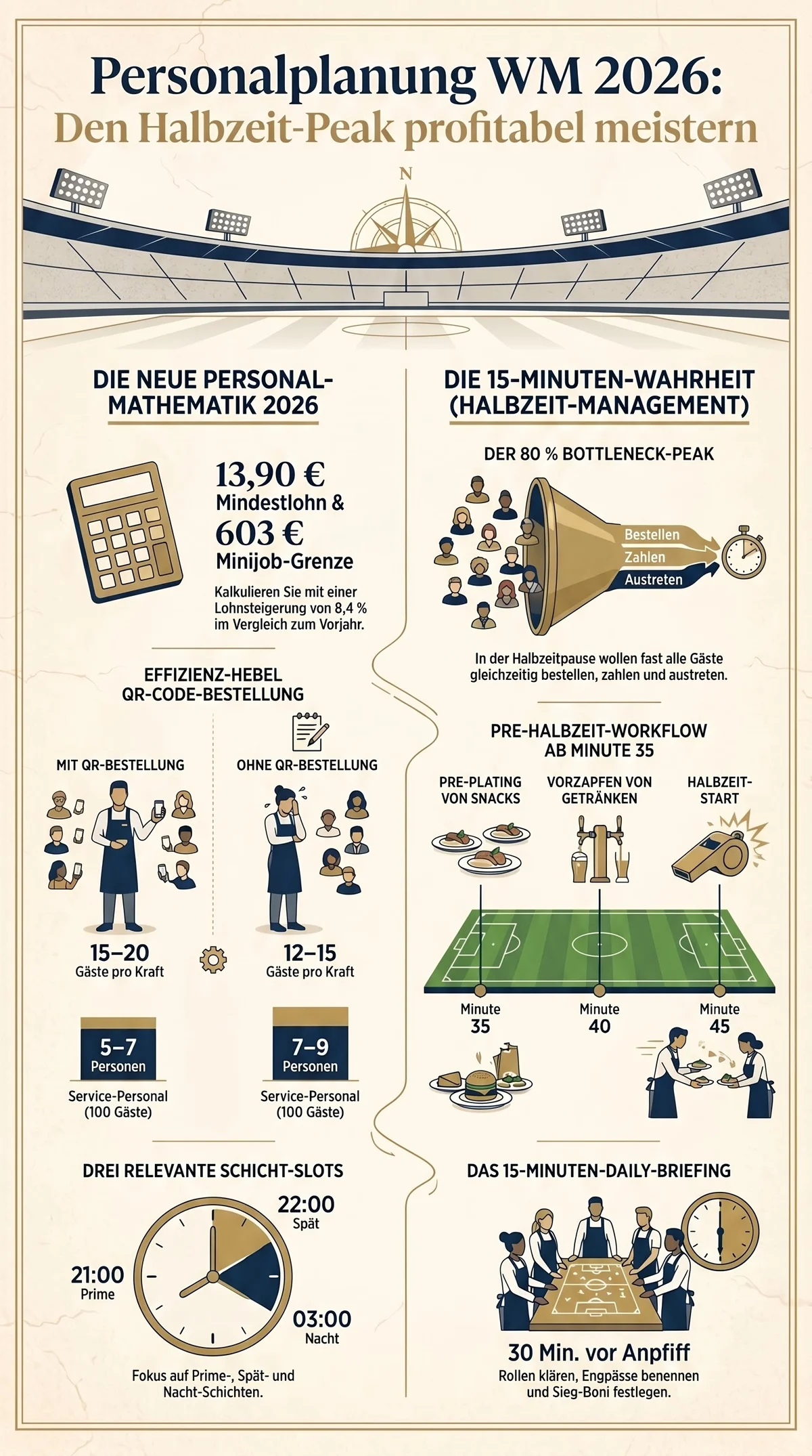 Personalplanung WM 2026 Infografik Überblick: Halbzeit-Peak profitabel meistern mit Personal-Mathematik, QR-Code-Vergleich, Schicht-Slots und Daily-Briefing