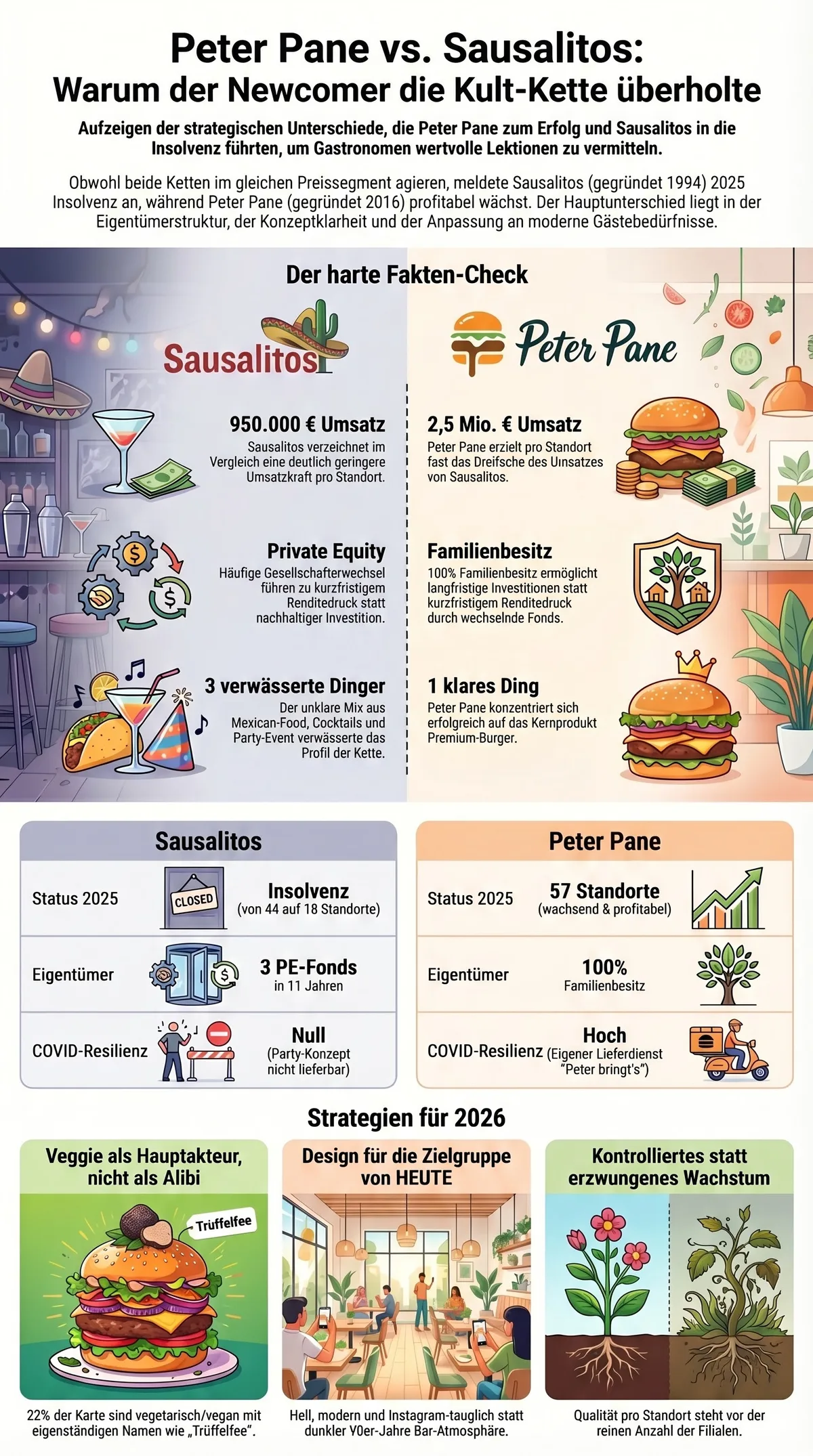 Infografik Faktencheck Peter Pane vs Sausalitos: Umsatz, Eigentümerstruktur, Veggie-Angebot und COVID-Resilienz im Vergleich