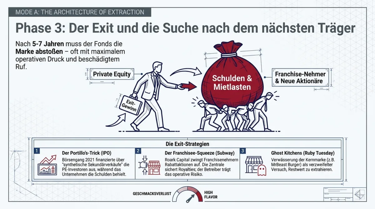 Phase 3 Exit: PE-Fonds zieht Kapital ab, Schuldenlast bleibt bei Nachfolger und Franchise-Nehmern
