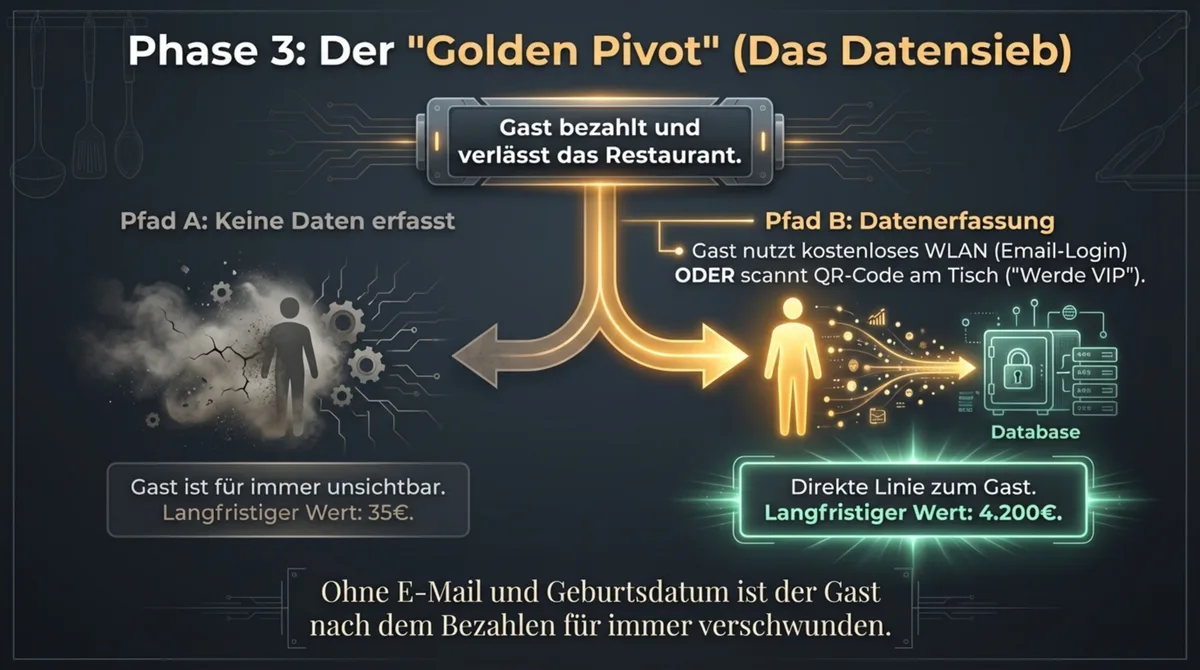 Phase 3 Der Golden Pivot: Gast bezahlt und verlässt das Restaurant – Pfad A ohne Daten (Wert 35€) vs. Pfad B mit Datenerfassung (Wert 4.200€)