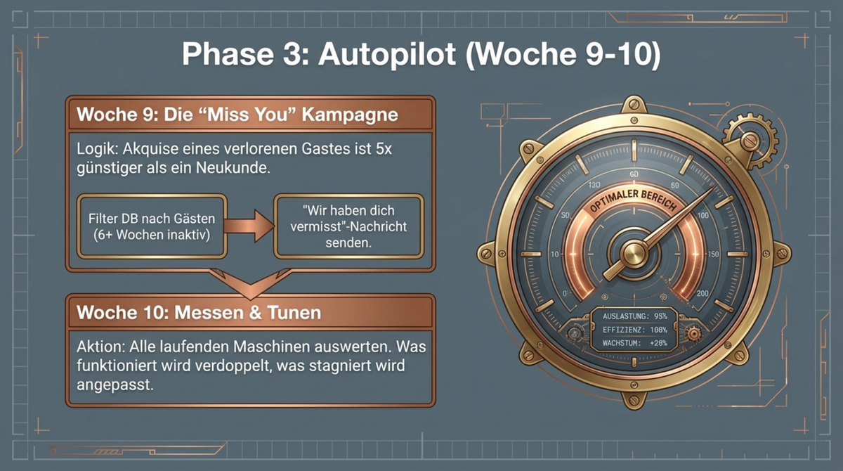 Phase 3 Autopilot: Woche 9 Miss You Kampagne für inaktive Gäste und Woche 10 alle Maschinen messen und tunen