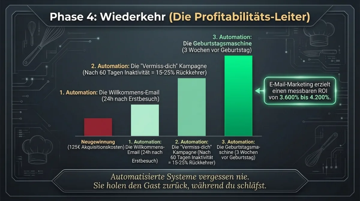 Phase 4 Wiederkehr: Die Profitabilitäts-Leiter – Willkommens-Email, Vermiss-dich-Kampagne und Geburtstags-System mit 3.600-4.200% ROI