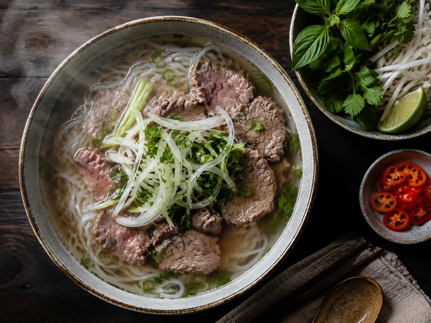 Vietnamesische Pho-Bowl von oben mit Reisnudeln, Rindfleisch, Kräutern
