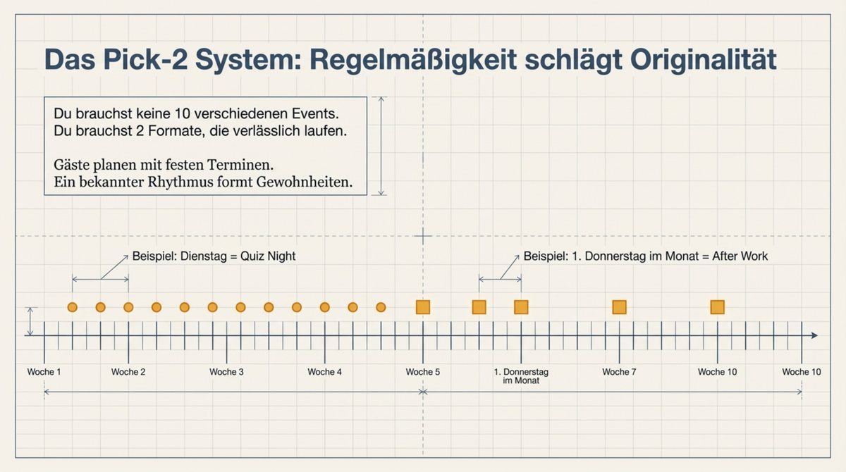 Das Pick-2 System: Nicht 10 verschiedene Events sondern 2 Formate die verlässlich laufen — Regelmäßigkeit schlägt Originalität