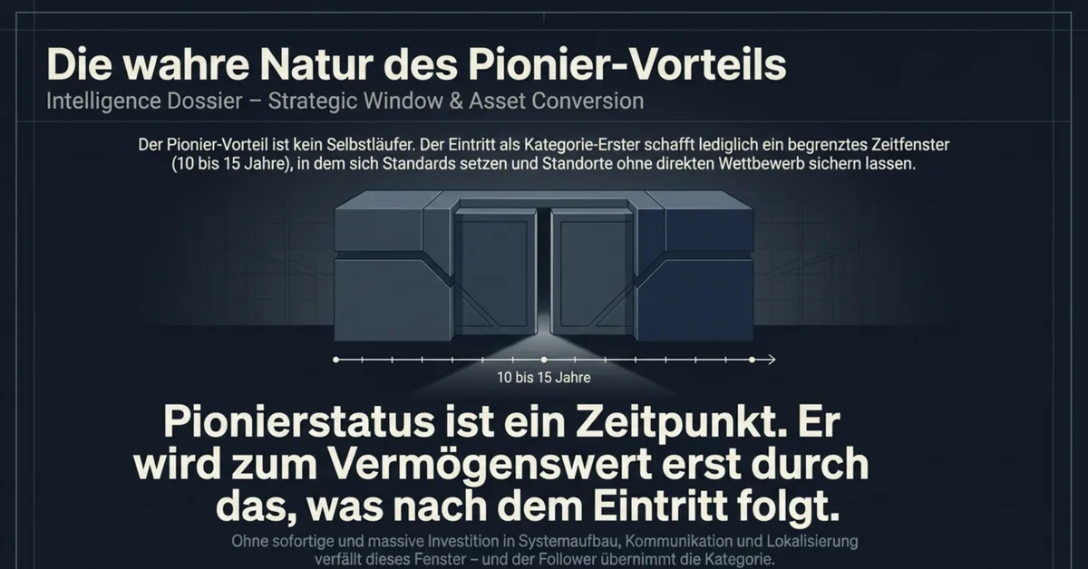 Pionierstatus als Zeitpunkt nicht als Selbstläufer: Begrenztes Zeitfenster 10 bis 15 Jahre, Investment in Systemaufbau Kommunikation Lokalisierung als Asset-Conversion
