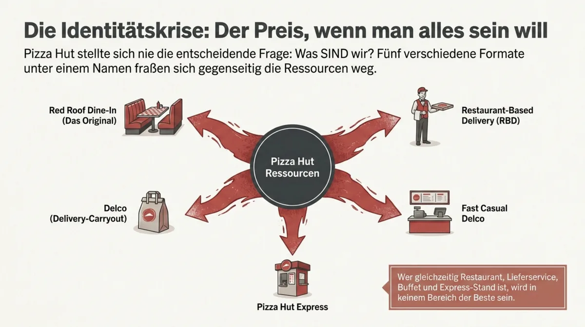 Pizza Huts Identitätskrise: 5 verschiedene Formate – Red Roof, Restaurant-Based Delivery, Delco, Fast Casual und Express – zerreißen die Unternehmensressourcen