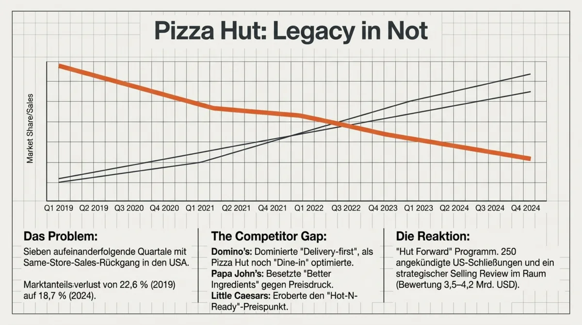 Pizza Hut Marktanteil USA sinkt von 22,6 Prozent 2019 auf 18,7 Prozent 2024 – sieben Quartale Same-Store-Sales-Rückgang, Hut Forward Programm mit 250 Schließungen