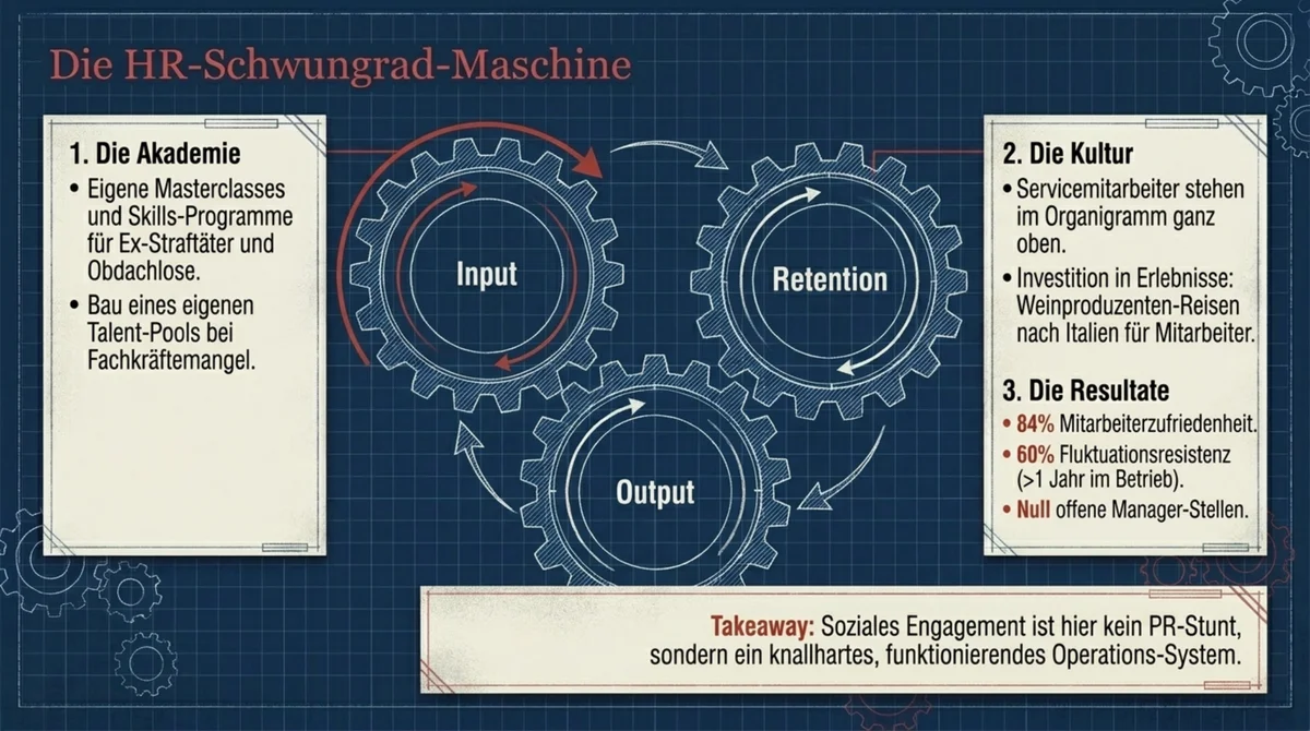 Die HR-Schwungrad-Maschine von Pizza Pilgrims: Die Akademie (Skills-Programme, Talent-Pool) als Input – Kultur und Investition in Mitarbeiter als Retention – 84% Zufriedenheit und 0 offene Manager-Stellen als Output