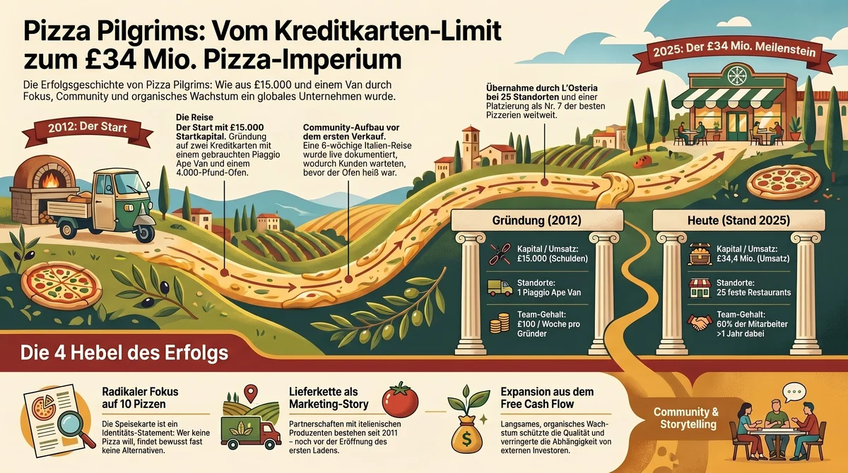 Pizza Pilgrims: Von £15.000 Startkapital zum £34 Millionen Pizza-Imperium – Infografik mit den 4 Erfolgshebeln Community, Produkt, Lieferkette und Finanzen