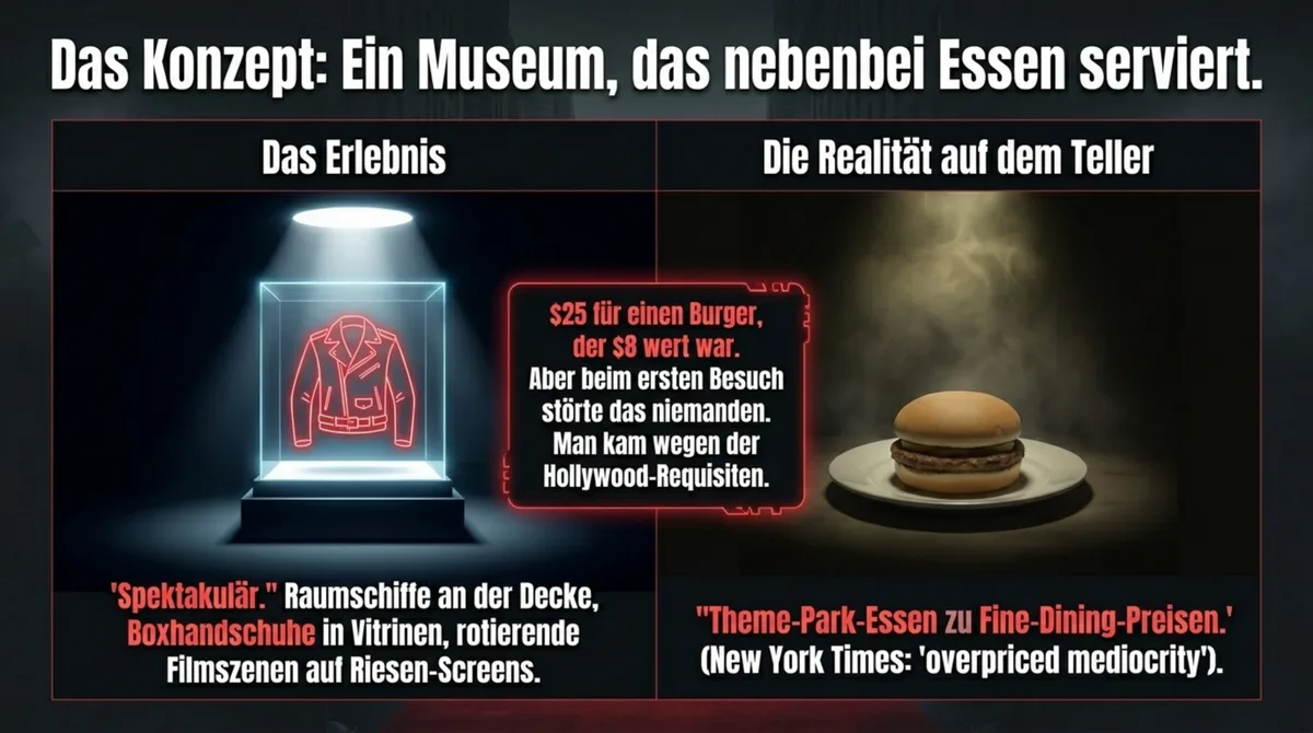 Planet Hollywood Konzept: Museum mit Gastrolizenz – Terminator-Jacke in Vitrine neben einem mittelmäßigen Burger