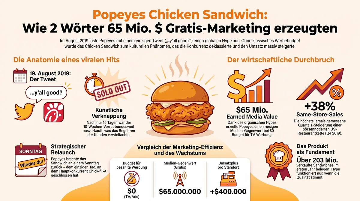 Popeyes Chicken Sandwich: Wie 2 Woerter 65 Millionen Dollar Gratis-Marketing erzeugten – Infografik