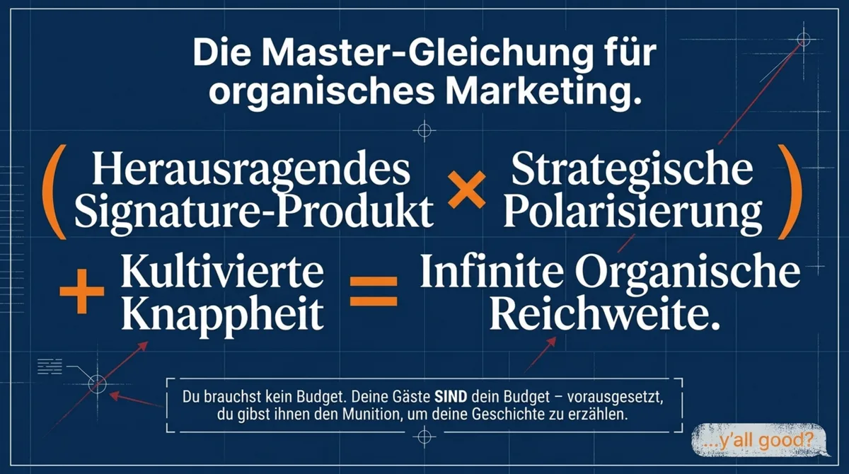 Die Master-Gleichung fuer organisches Restaurant-Marketing: Signature-Produkt x Polarisierung + Knappheit = Reichweite