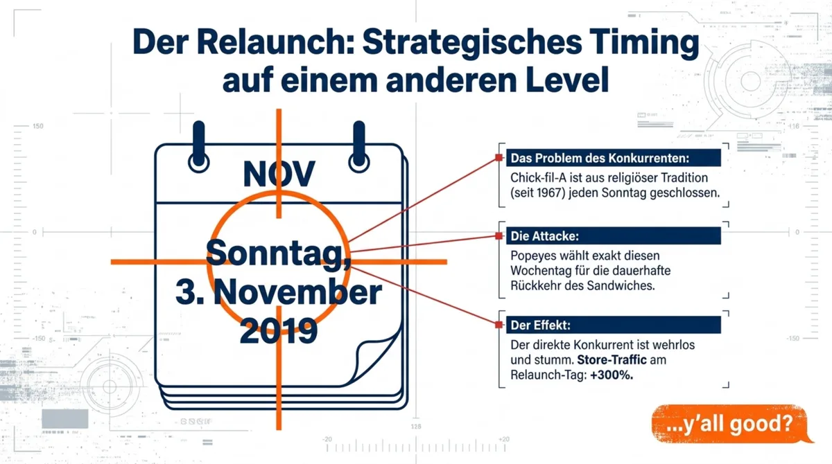 Popeyes Relaunch am Sonntag 3. November 2019 – strategischer Angriff, weil Chick-fil-A sonntags geschlossen ist