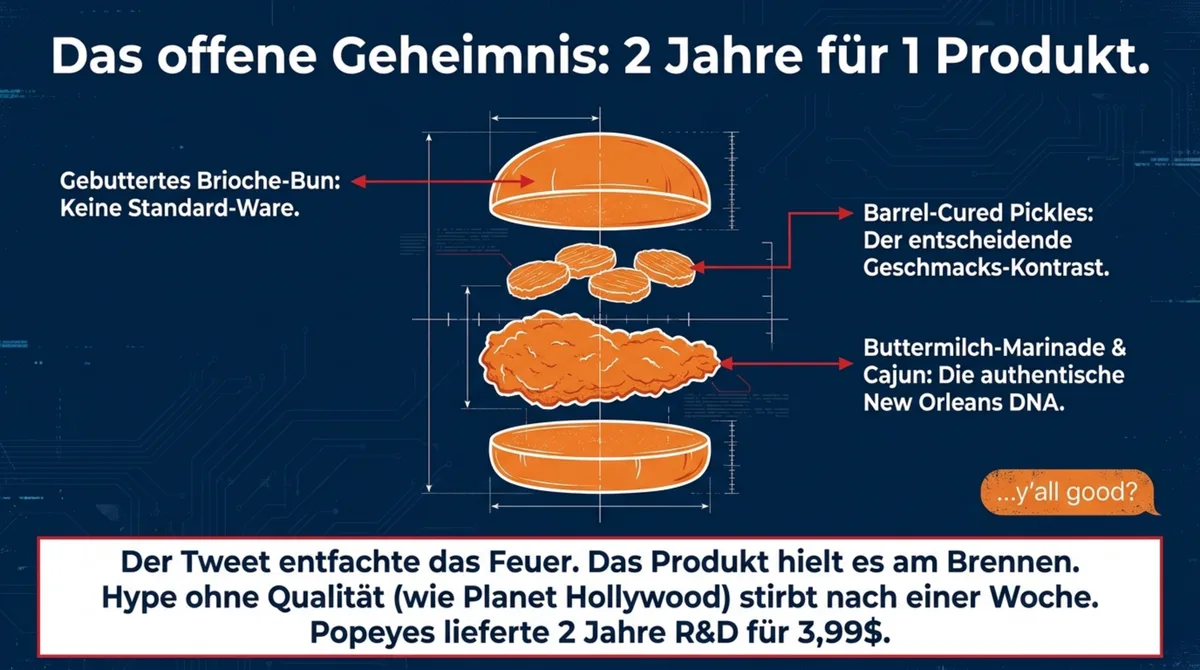 Popeyes Chicken Sandwich Anatomie: Brioche-Bun, Cajun-Haehnchen und Barrel-Cured Pickles – 2 Jahre Produktentwicklung