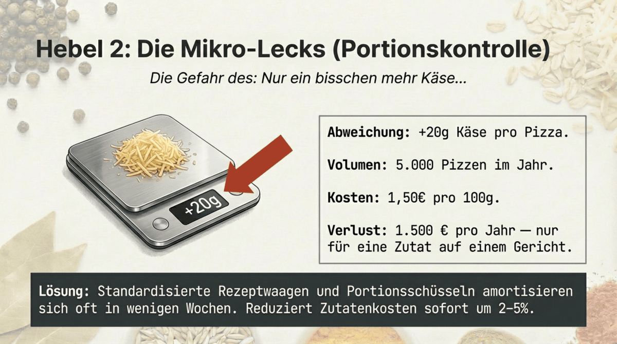Portionskontrolle Wareneinsatz Gastronomie: 20 Gramm Käse zu viel pro Pizza ergibt 1.500 Euro Verlust pro Jahr