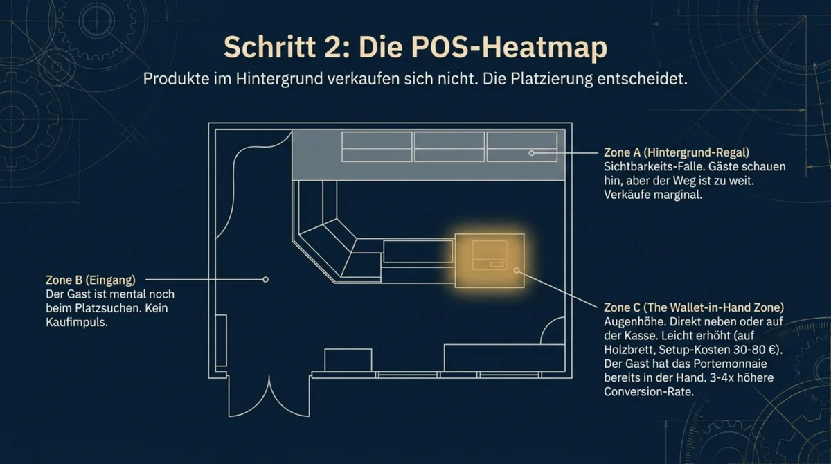 POS-Heatmap Café: Zone C (Wallet-in-Hand Zone) direkt neben der Kasse hat 3–4× höhere Conversion-Rate als Hintergrund-Regal Zone A