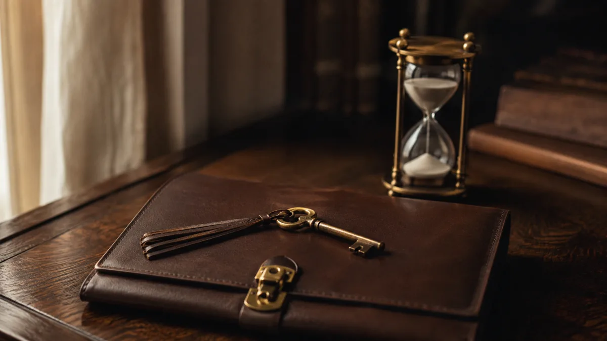 Messing-Schlüssel auf Lederportfolio mit Sanduhr als Symbol für häufige Fragen zur POS-Marketing-Integration