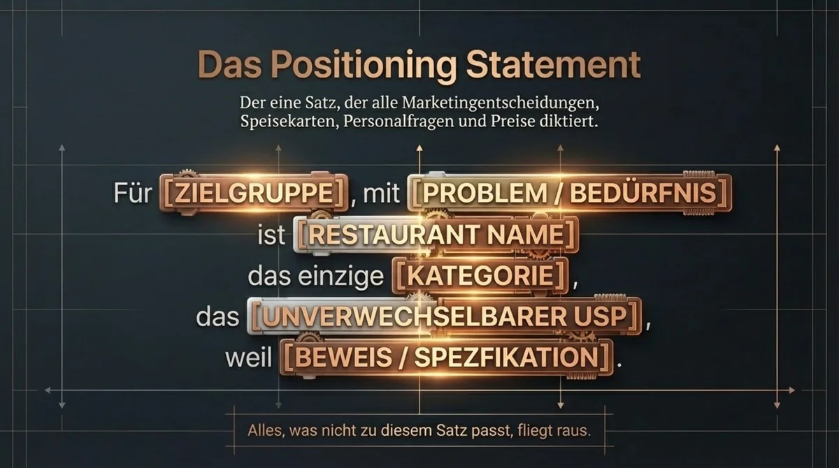 Das Positioning Statement für Restaurants: Formel mit Zielgruppe, Problem, Kategorie, USP und Beweis – in einem Satz