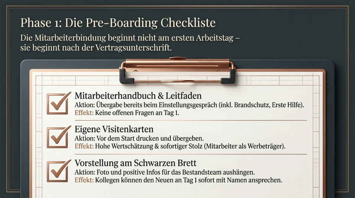 Pre-Boarding Checkliste neue Mitarbeiter Restaurant: Handbuch, Visitenkarten, Teamvorstellung