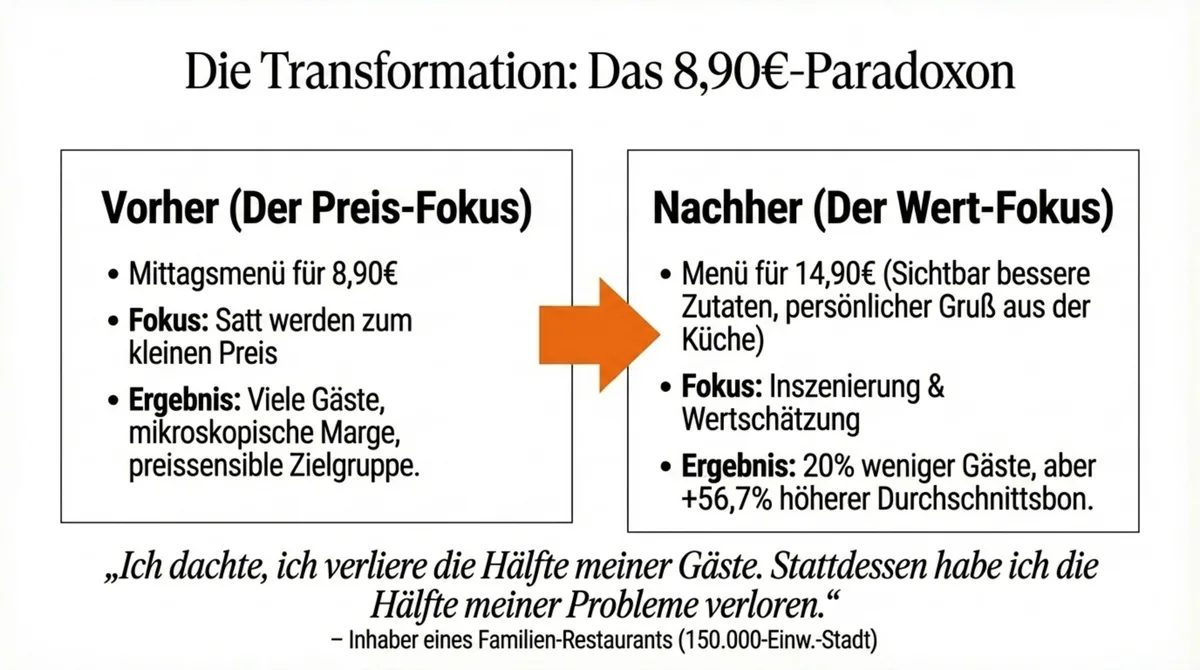 Restaurant-Transformation: Vom 8,90 Euro Preis-Fokus zum 14,90 Euro Wert-Fokus mit 56,7% höherem Durchschnittsbon
