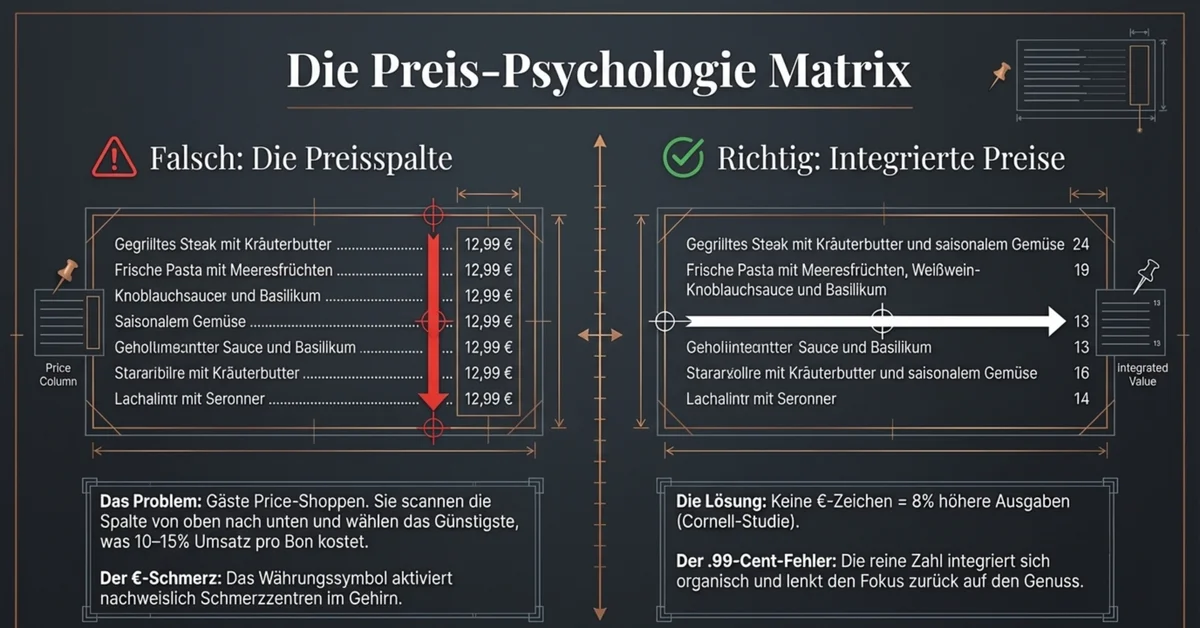 Die Preis-Psychologie Matrix: Links falsch mit Preisspalte und Euro-Zeichen, rechts richtig mit integrierten Preisen — bis zu 8% höhere Ausgaben ohne Währungssymbol