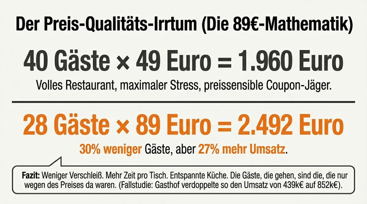 Die 89-Euro-Mathematik: 28 Gäste mal 89 Euro ergibt 2.492 Euro – 27% mehr Umsatz als 40 Gäste mal 49 Euro