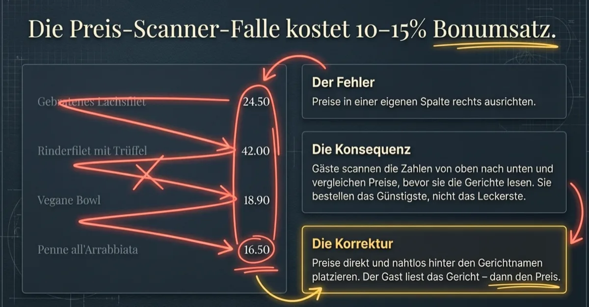 Die Preis-Scanner-Falle: Preise in eigener Spalte rechts ausgerichtet ermöglichen Price-Shopping — kostet 10-15% Bonumsatz