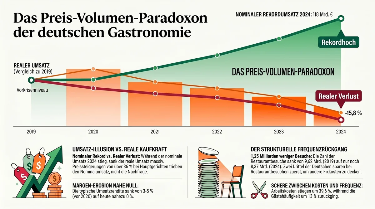 Preis-Volumen-Paradoxon der deutschen Gastronomie – nominaler Rekord 118 Mrd. Euro bei realem Verlust von 15,8 Prozent gegenüber 2019