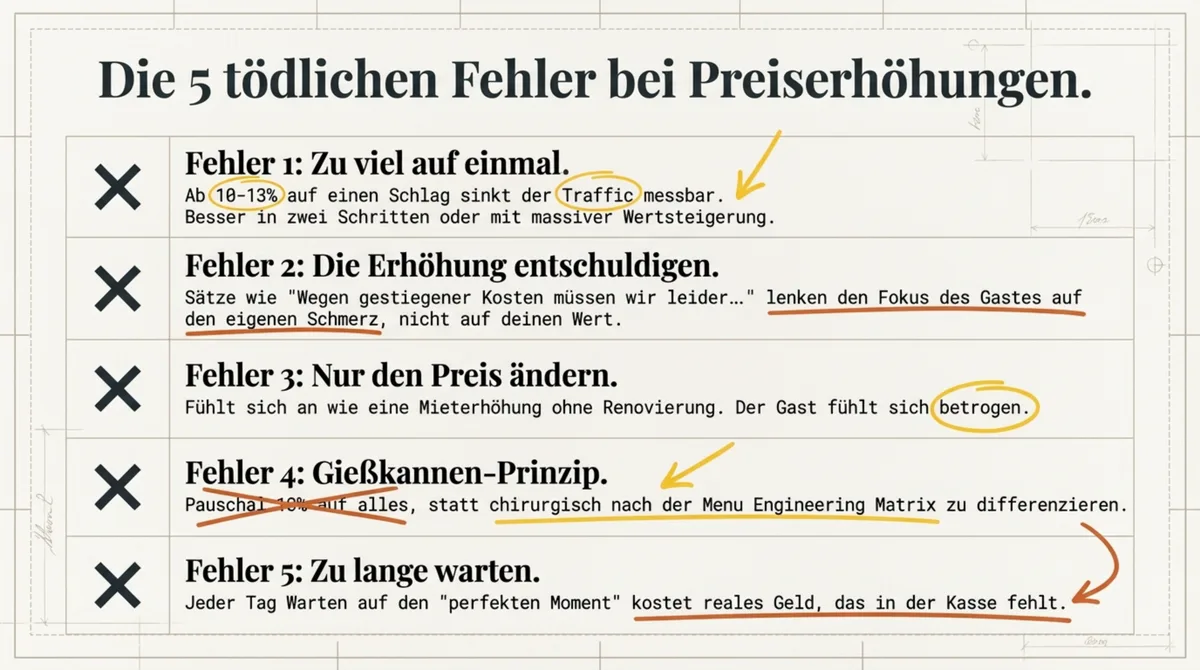 5 tödliche Fehler bei Preiserhöhungen im Restaurant: zu viel auf einmal, entschuldigen, nichts ändern, pauschal und zu lange warten