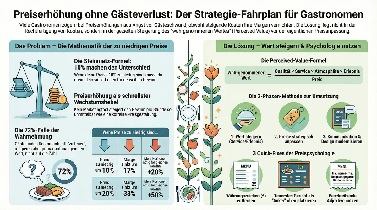 Preiserhöhung Restaurant Infografik: Steinmetz-Formel, Perceived-Value-Formel und 3-Phasen-Methode für Gastronomen