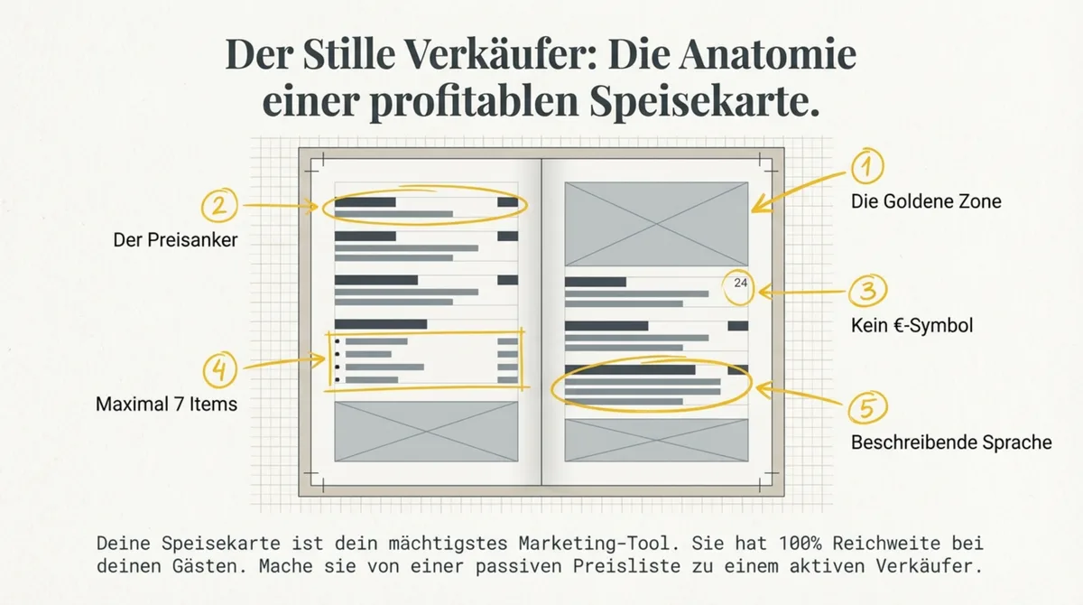 Anatomie einer profitablen Speisekarte: Goldene Zone, Preisanker, kein Euro-Symbol, beschreibende Sprache
