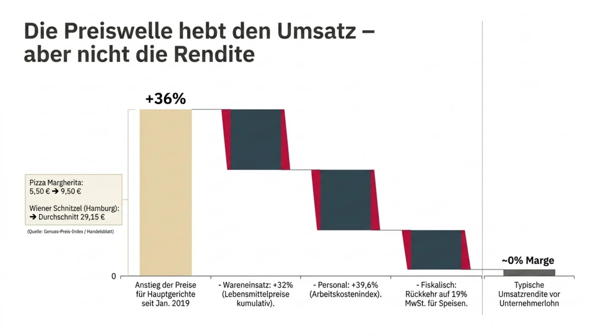 Preiswelle in der Gastronomie 2019 bis 2025 – plus 36 Prozent Preissteigerung bei Wareneinsatz plus 32 Prozent, Personalkosten plus 39,6 Prozent und Marge nahe Null