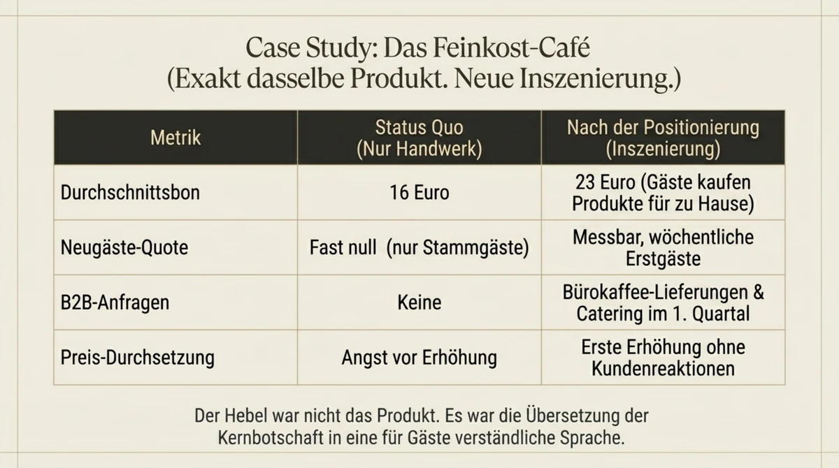 Premium-Gastronomie Case Study Feinkost-Café: Messergebnisse nach Positionierungsschärfung – Bon, Neugäste, Anfragen